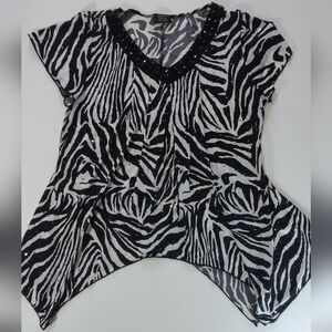 Shannon Ford Blouse Large Zebra Print Asymmetrical Black Studded Rhinestone Top‎
